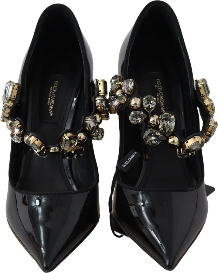 Black Leather Crystal Shoes Mary Jane Women's Pumps - Image 4