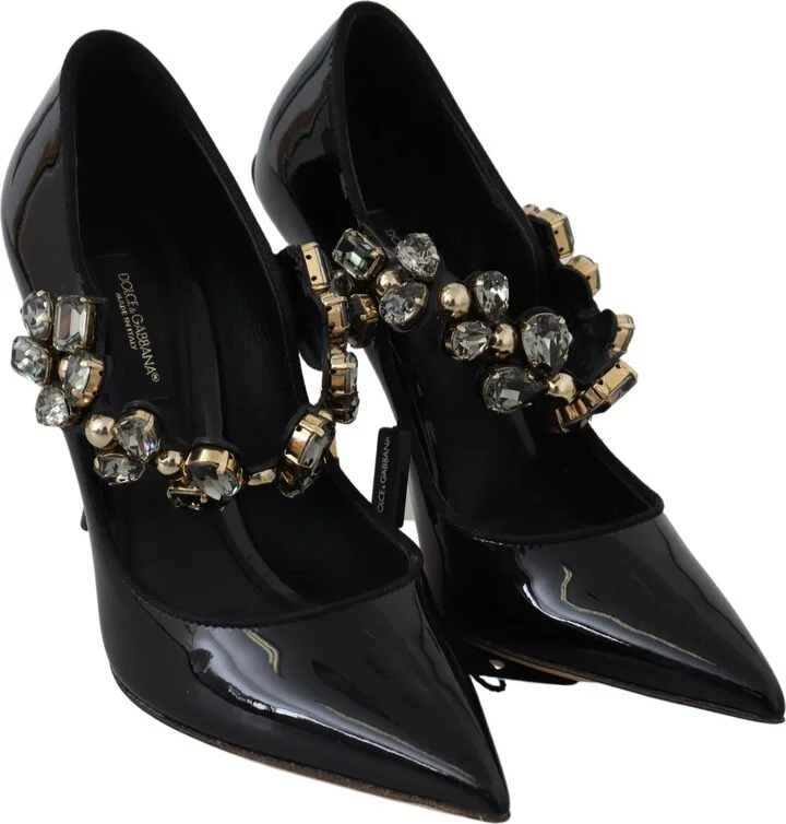 Black Leather Crystal Shoes Mary Jane Women's Pumps - Image 5