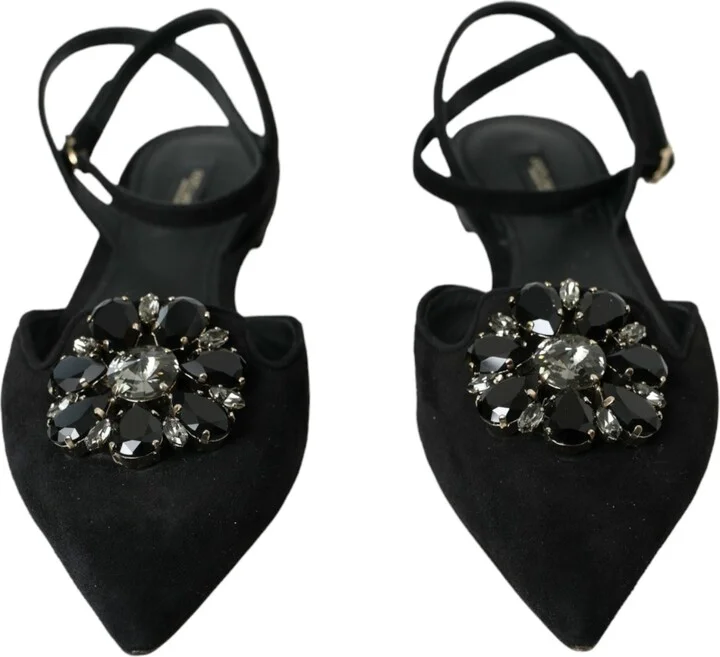 Black Leather Crystal Slingback Sandals Women's Shoes - Image 2