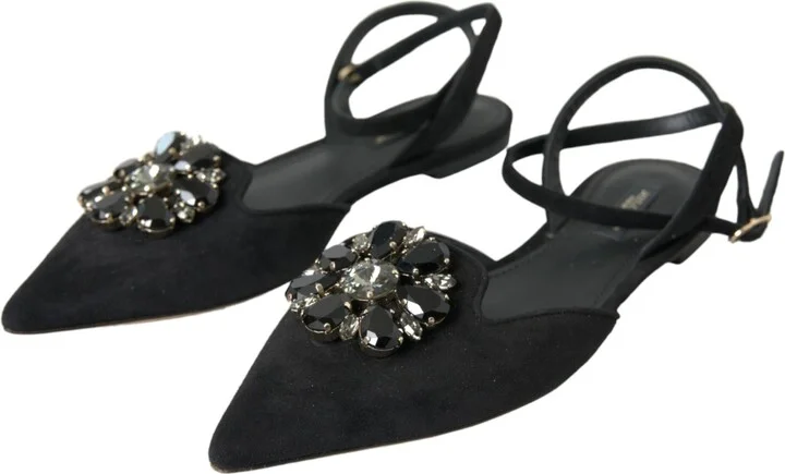 Black Leather Crystal Slingback Sandals Women's Shoes - Image 3