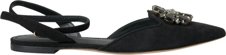 Black Leather Crystal Slingback Sandals Women's Shoes