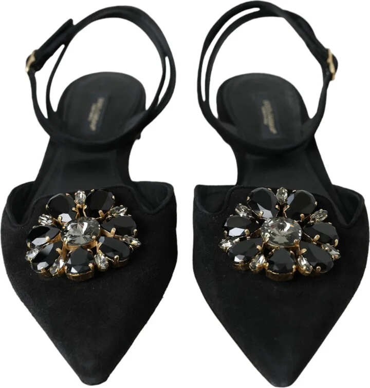 Black Leather Crystal Slingback Sandals Women's Shoes (Pre-Owned) - Image 2