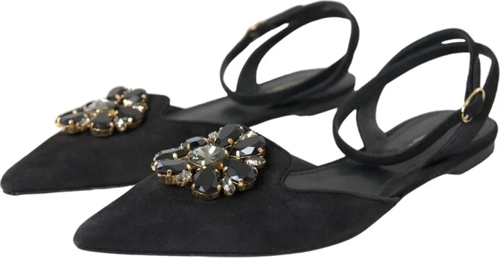 Black Leather Crystal Slingback Sandals Women's Shoes (Pre-Owned) - Image 3