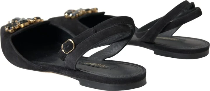 Black Leather Crystal Slingback Sandals Women's Shoes (Pre-Owned) - Image 4