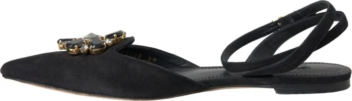Black Leather Crystal Slingback Sandals Women's Shoes (Pre-Owned) - Image 5