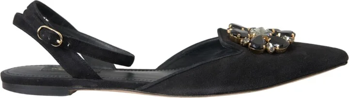Black Leather Crystal Slingback Sandals Women's Shoes (Pre-Owned)
