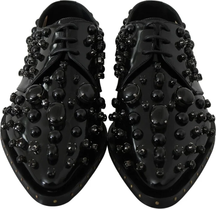 Black Leather Crystals Dress Broque Women's Shoes - Image 3