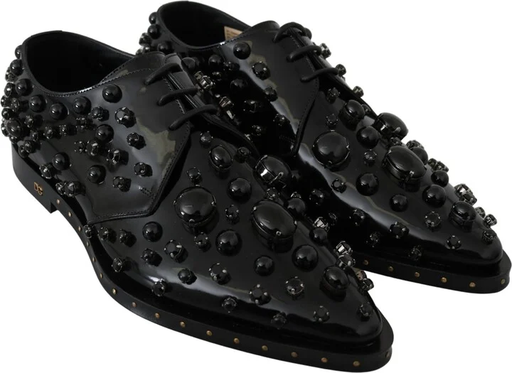 Black Leather Crystals Dress Broque Women's Shoes - Image 4