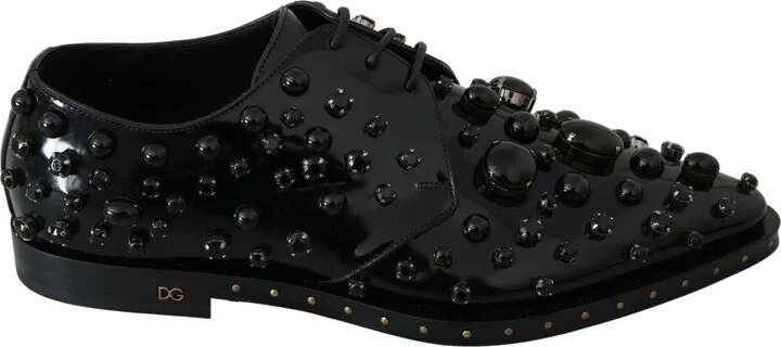 Black Leather Crystals Dress Broque Women's Shoes