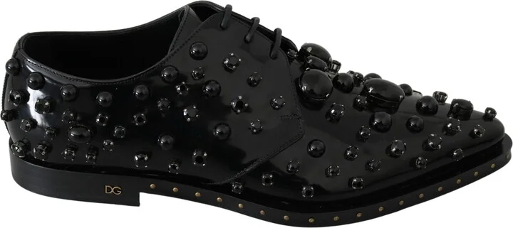 Black Leather Crystals Dress Broque Women's Shoes
