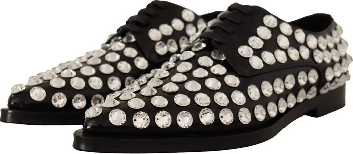 Black Leather Crystals Lace Up Formal Women's Shoes - Image 2
