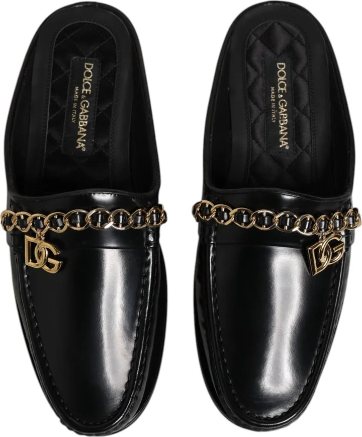 Black Leather DG Chain Embellished Sandals Men's Shoes - Image 3