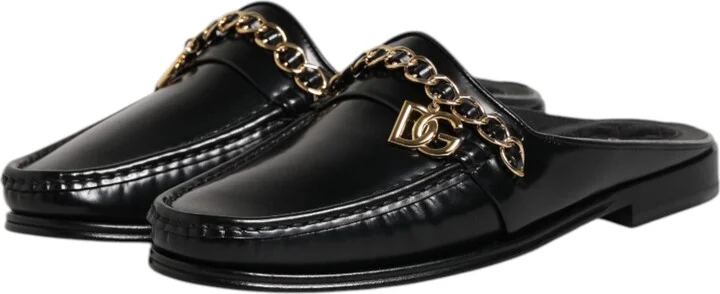 Black Leather DG Chain Embellished Sandals Men's Shoes - Image 4