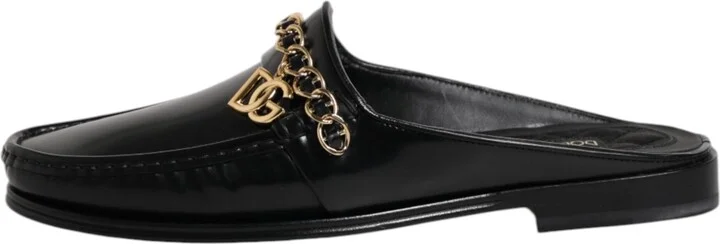 Black Leather DG Chain Embellished Sandals Men's Shoes - Image 6