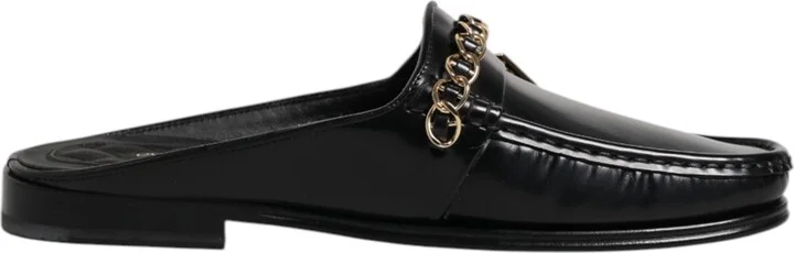 Black Leather DG Chain Embellished Sandals Men's Shoes