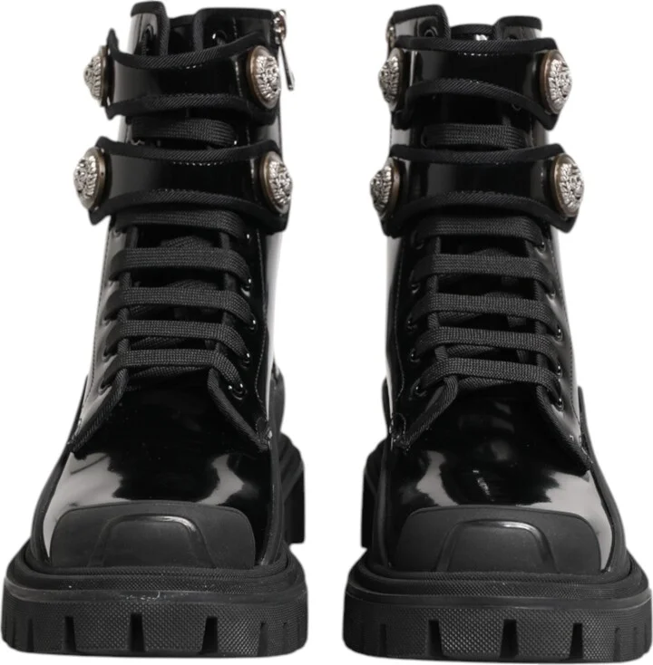 Black Leather DG Logo Combat Ankle Boots Women's Shoes - Image 2