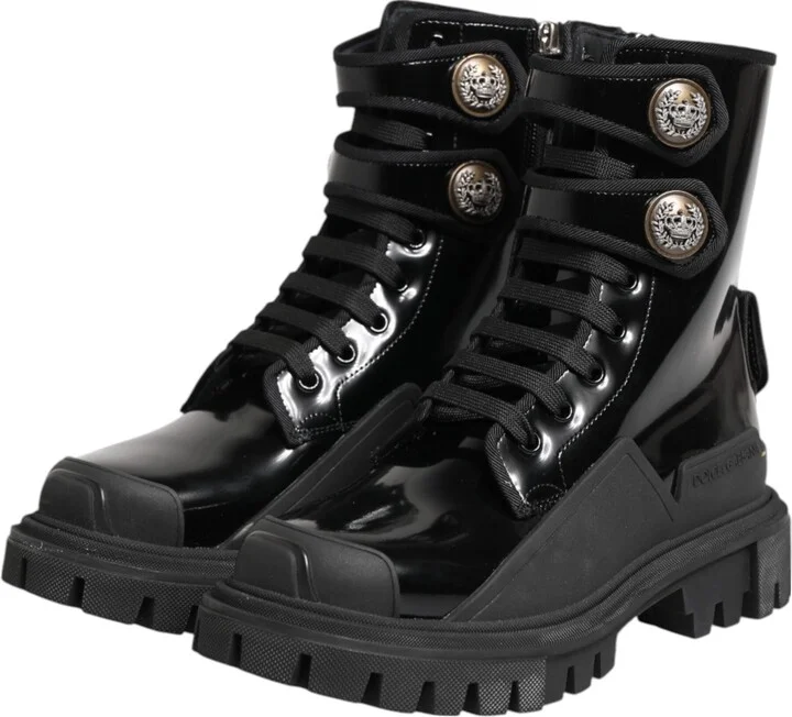 Black Leather DG Logo Combat Ankle Boots Women's Shoes - Image 4