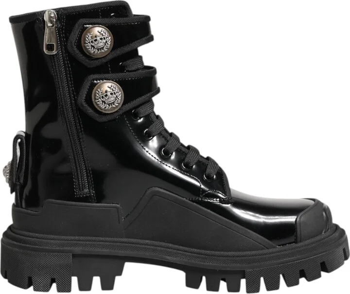 Black Leather DG Logo Combat Ankle Boots Women's Shoes
