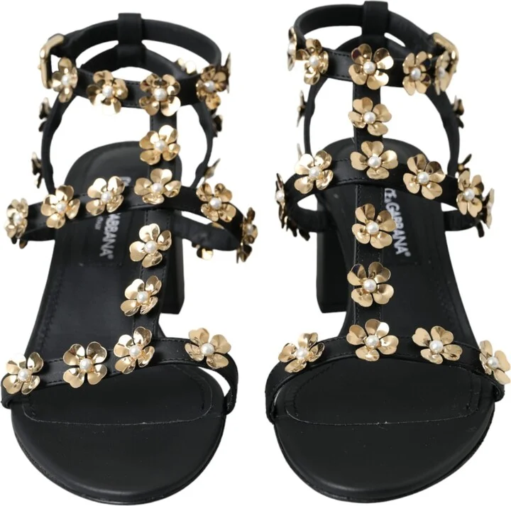 Black Leather Embellished Heel Sandal Women's Shoes - Image 2