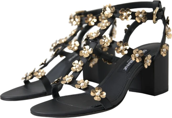 Black Leather Embellished Heel Sandal Women's Shoes - Image 3
