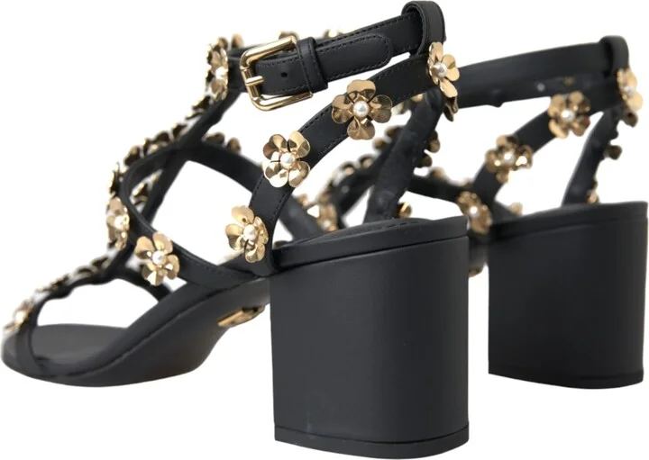 Black Leather Embellished Heel Sandal Women's Shoes - Image 4
