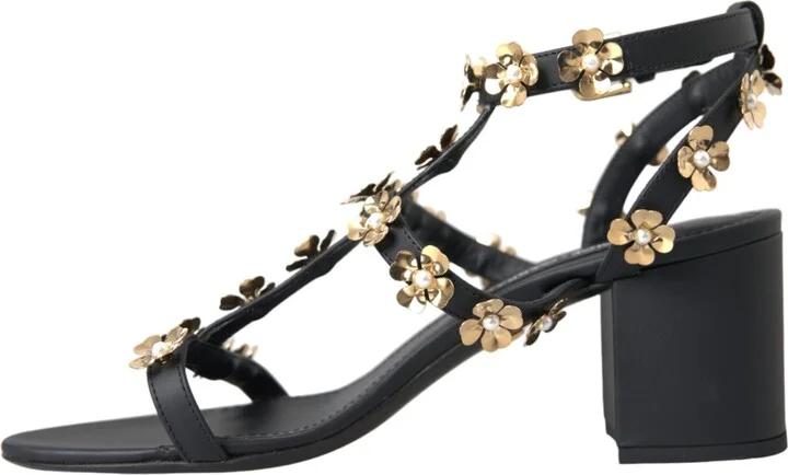 Black Leather Embellished Heel Sandal Women's Shoes - Image 5