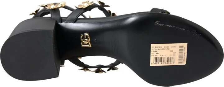 Black Leather Embellished Heel Sandal Women's Shoes - Image 6