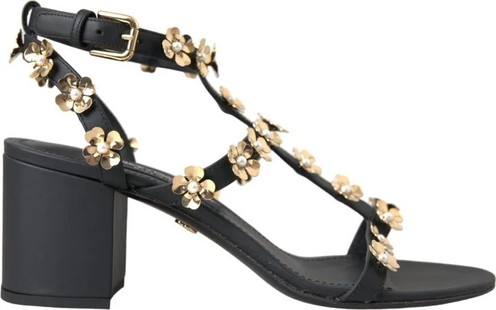 Black Leather Embellished Heel Sandal Women's Shoes