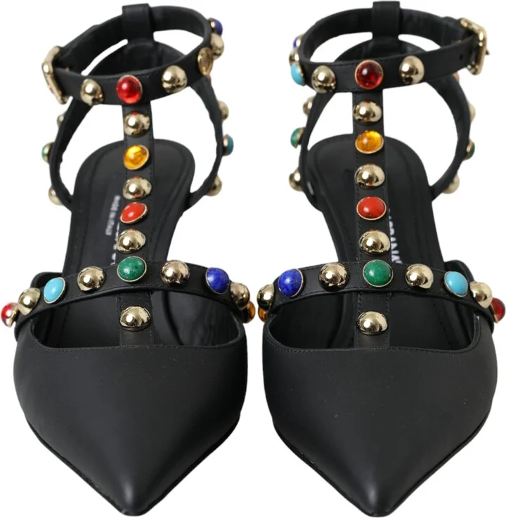 Black Leather Embellished Heels Sandal Women's Shoes - Image 2