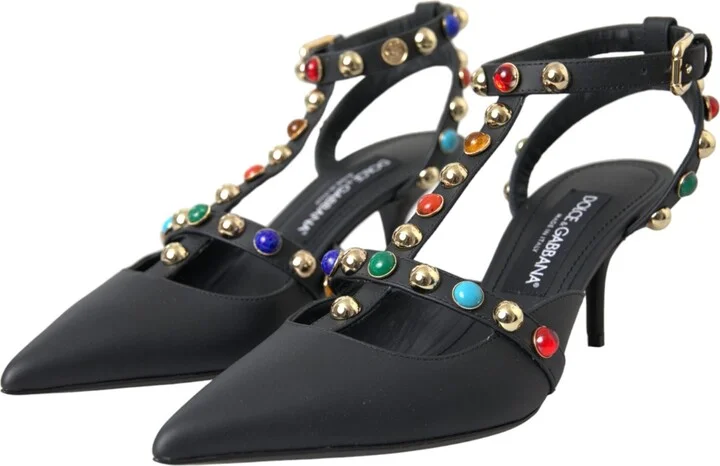 Black Leather Embellished Heels Sandal Women's Shoes - Image 3