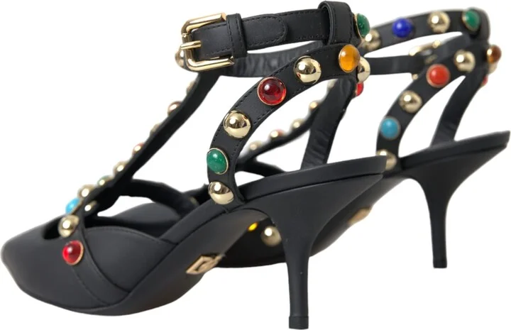 Black Leather Embellished Heels Sandal Women's Shoes - Image 4