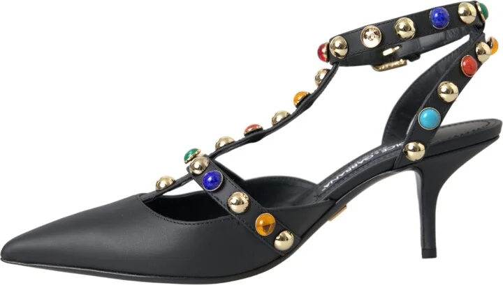 Black Leather Embellished Heels Sandal Women's Shoes - Image 5