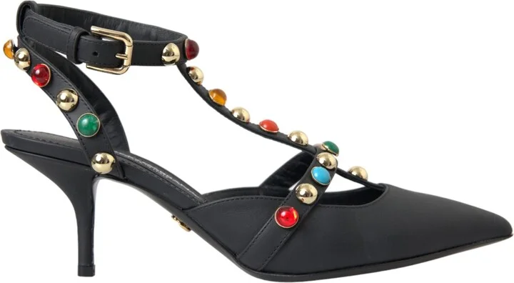 Black Leather Embellished Heels Sandal Women's Shoes