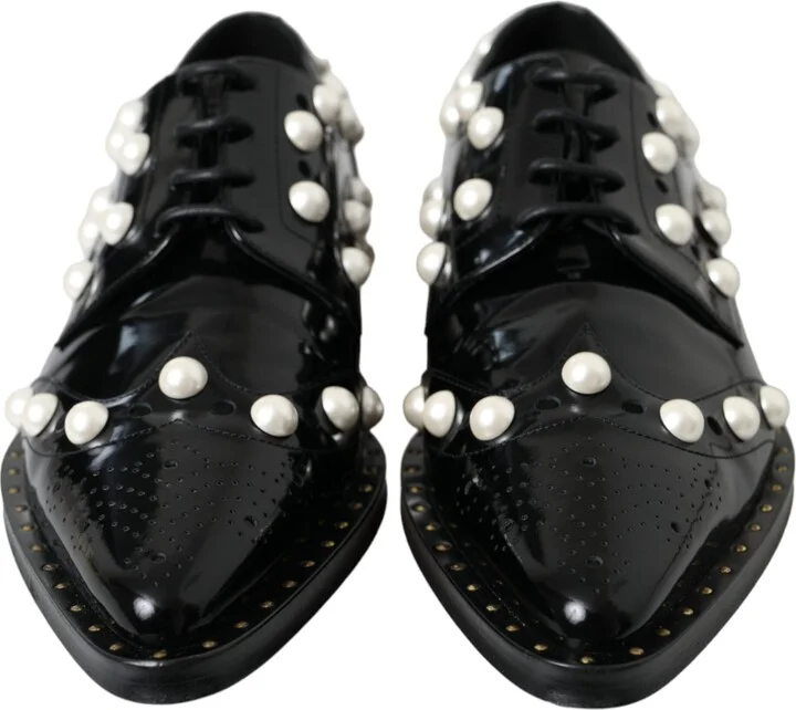 Black Leather Faux Pearl Dress Broque Women's Shoes (Pre-Owned) - Image 2