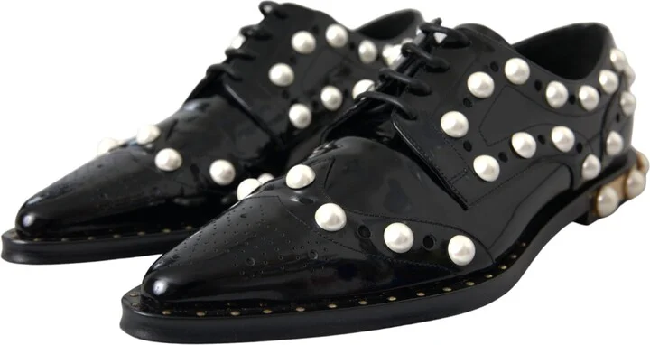 Black Leather Faux Pearl Dress Broque Women's Shoes (Pre-Owned) - Image 3