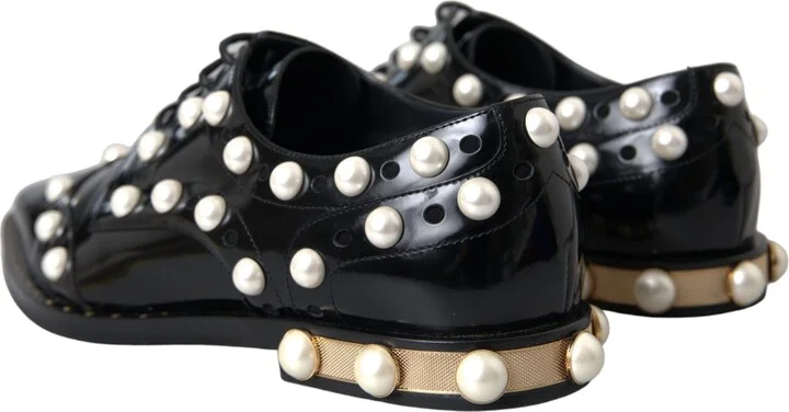 Black Leather Faux Pearl Dress Broque Women's Shoes (Pre-Owned) - Image 4