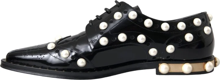 Black Leather Faux Pearl Dress Broque Women's Shoes (Pre-Owned) - Image 5