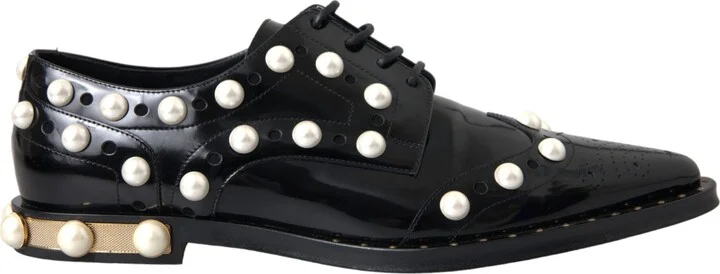 Black Leather Faux Pearl Dress Broque Women's Shoes (Pre-Owned)