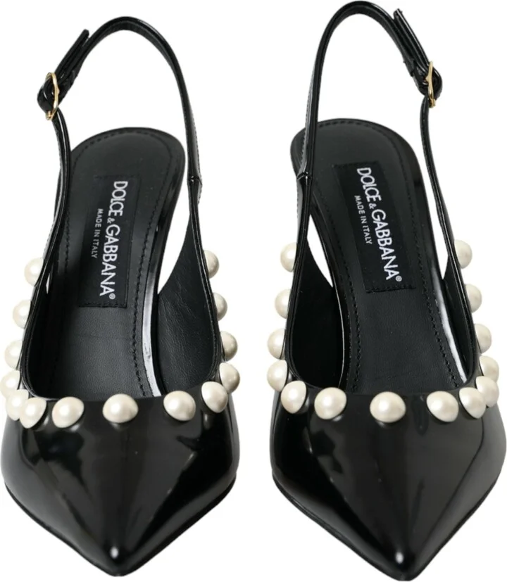 Black Leather Faux Pearl Heel Slingback Women's Shoes - Image 2