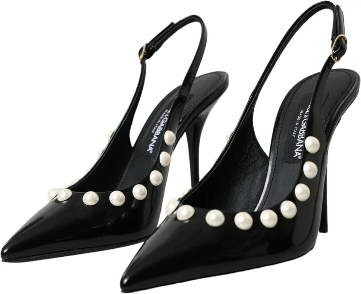 Black Leather Faux Pearl Heel Slingback Women's Shoes - Image 3