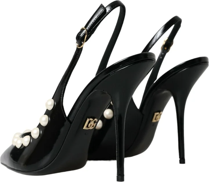 Black Leather Faux Pearl Heel Slingback Women's Shoes - Image 4