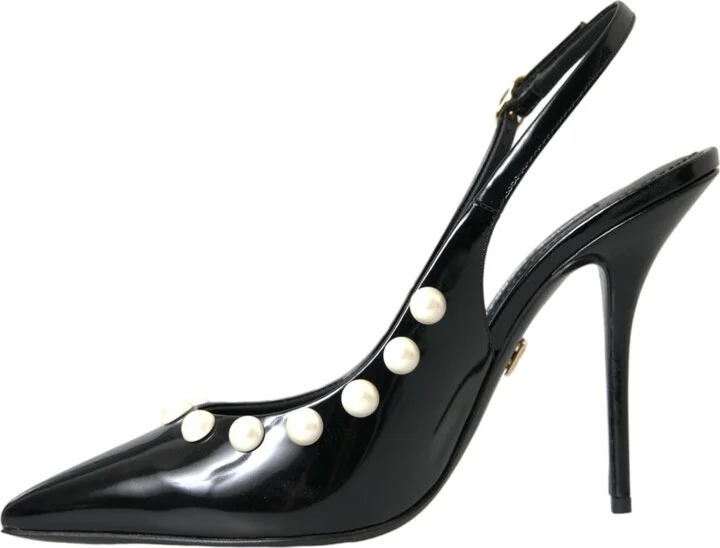 Black Leather Faux Pearl Heel Slingback Women's Shoes - Image 5