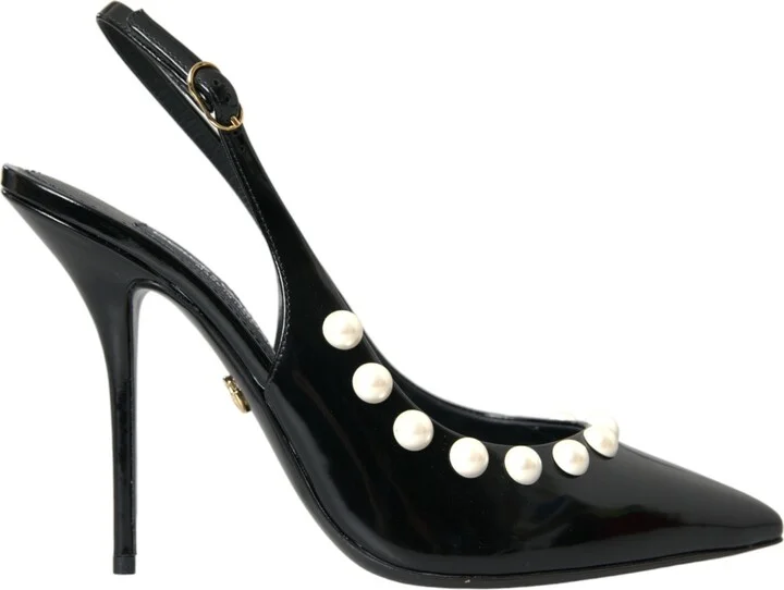 Black Leather Faux Pearl Heel Slingback Women's Shoes