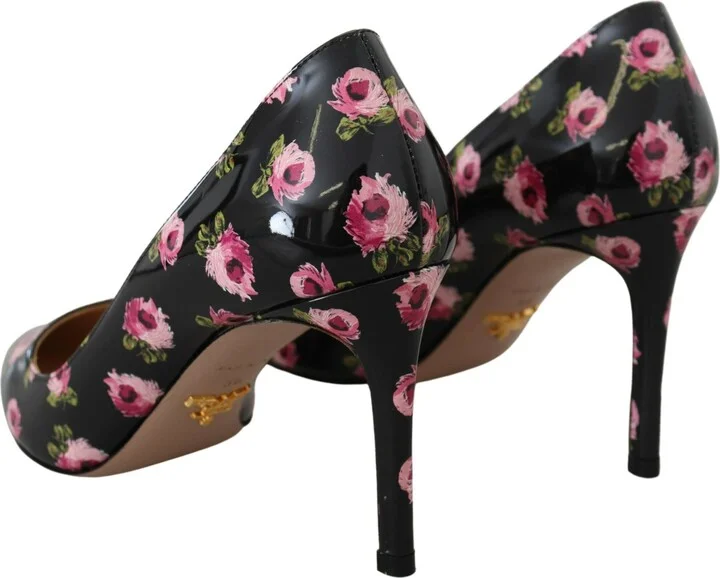 Black Leather Floral Heels Stilettos Women's Pumps - Image 2
