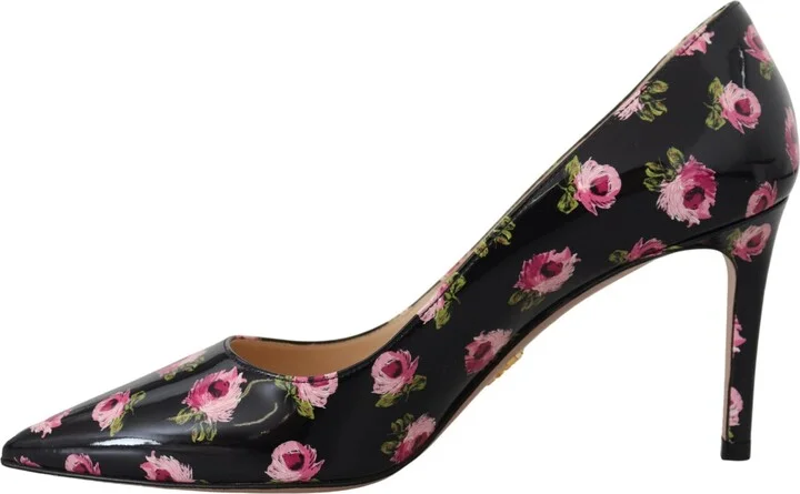 Black Leather Floral Heels Stilettos Women's Pumps - Image 3