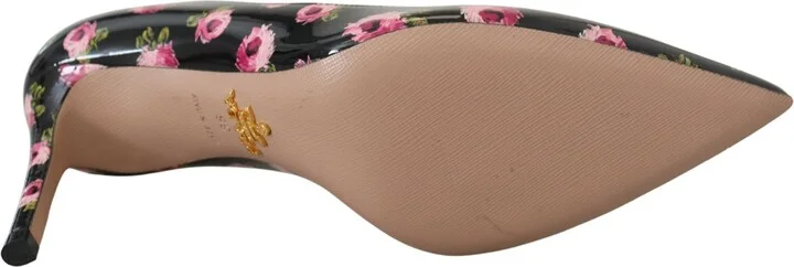 Black Leather Floral Heels Stilettos Women's Pumps - Image 4