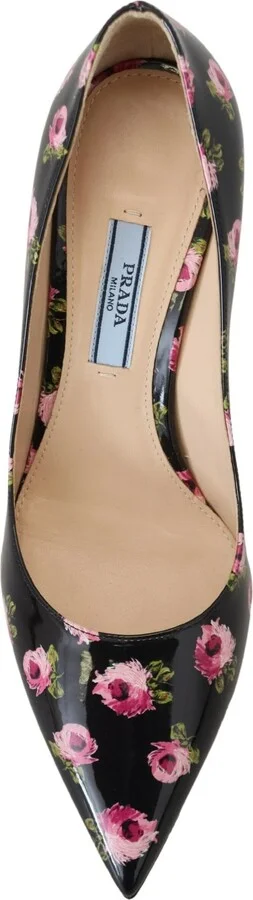Black Leather Floral Heels Stilettos Women's Pumps - Image 5