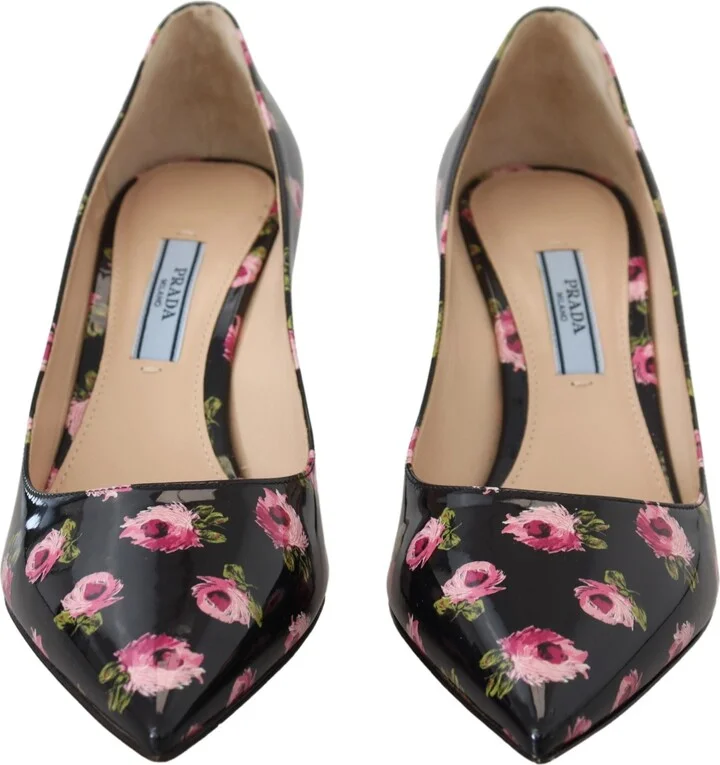 Black Leather Floral Heels Stilettos Women's Pumps - Image 6