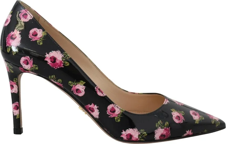 Black Leather Floral Heels Stilettos Women's Pumps