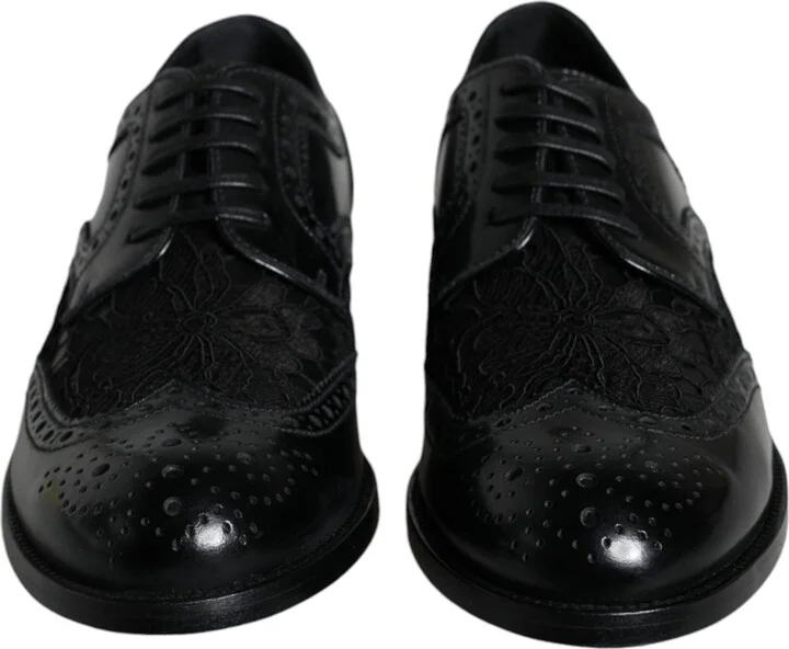 Black Leather Floral Lace Dress Formal Women's Shoes - Image 2